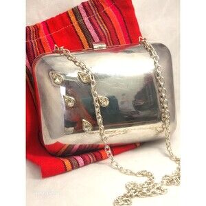 Vintage 80's Metal Clutch Bag Teardrop Rhinestones Detachable Shoulder Chain Mex